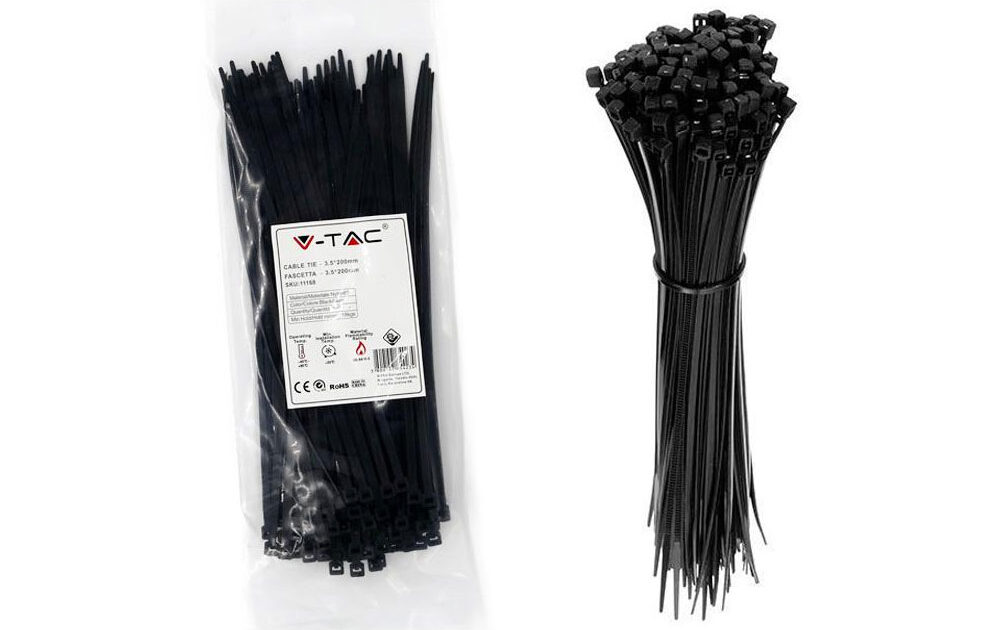 V-TAC Cable tie nylon-66 clips for wiring 3.5x200mm Black 100pcs ...