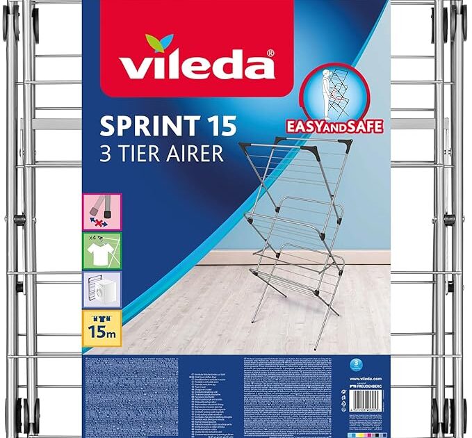 Vileda Sprint 3-Tier Clothes Airer, Indoor Clothes Drying Rack with 15 ...